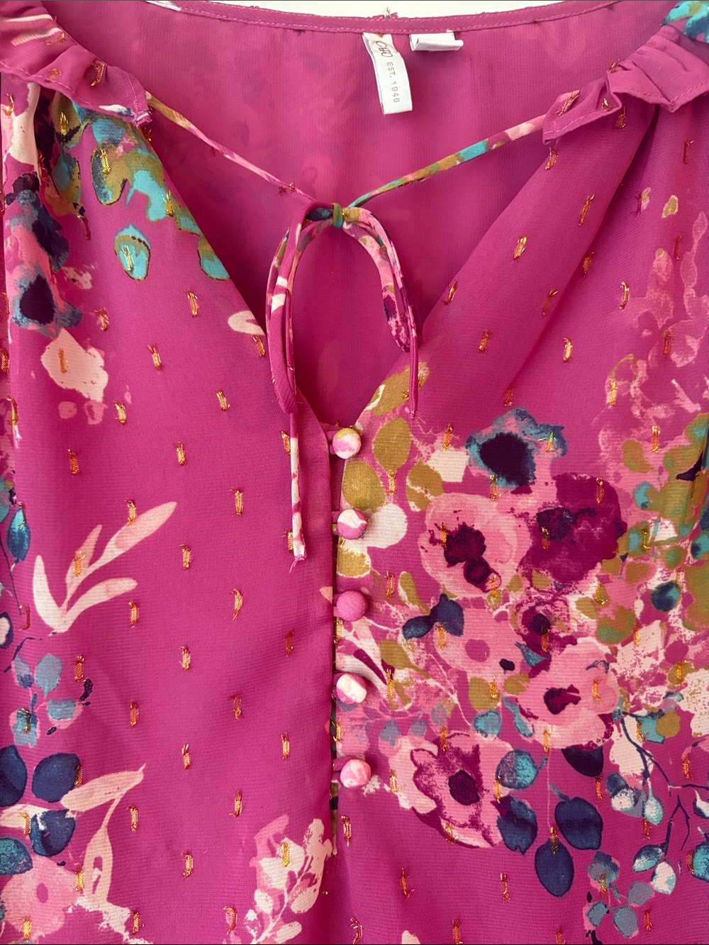 Cato Pink/Purple Floral Ruffle-Neck Blouse with Gold Dot Accents - Picture 5 of 9